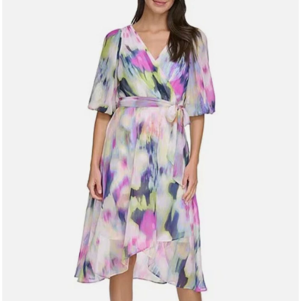 DKNY Floral Watercolor Chiffon High-Low Midi Dress Faux Wrap V-Neck Size 14 NWT